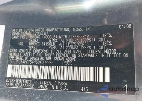 2008 Toyota Tundra Base 4.7L V8 z USA, uszkodzony, nr VIN 5TFCT54168X002276